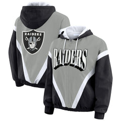 Las Vegas Raiders WEAR by Erin Andrews Women's Plus Size Retro Crinkle Full-Zip Hoodie Windbreaker Jacket - Black/Gray for sale