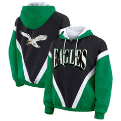 Philadelphia Eagles WEAR by Erin Andrews Women's Plus Size Retro Crinkle Full-Zip Hoodie Windbreaker Jacket - Kelly Green/Black outlet