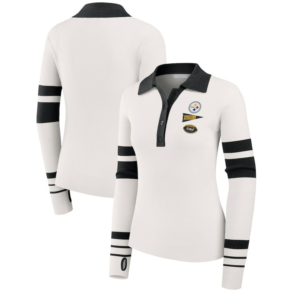 Pittsburgh Steelers WEAR by Erin Andrews Women's Ribbed Henley Polo Sweater - White for sale