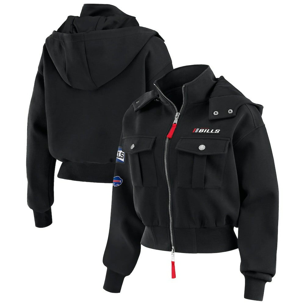 Buffalo Bills WEAR by Erin Andrews Women's Tri-Blend Patch Pocket Cropped Full-Zip Bomber Hoodie Jacket - Black discount