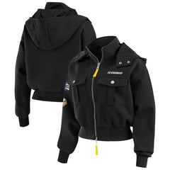 Minnesota Vikings WEAR by Erin Andrews Women's Tri-Blend Patch Pocket Cropped Full-Zip Bomber Hoodie Jacket - Black for sale