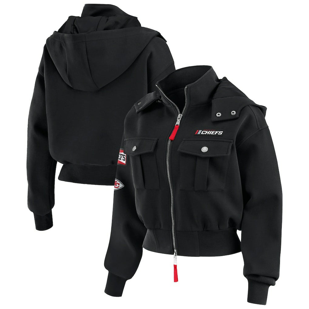 Kansas City Chiefs WEAR by Erin Andrews Women's Tri-Blend Patch Pocket Cropped Full-Zip Bomber Hoodie Jacket - Black online