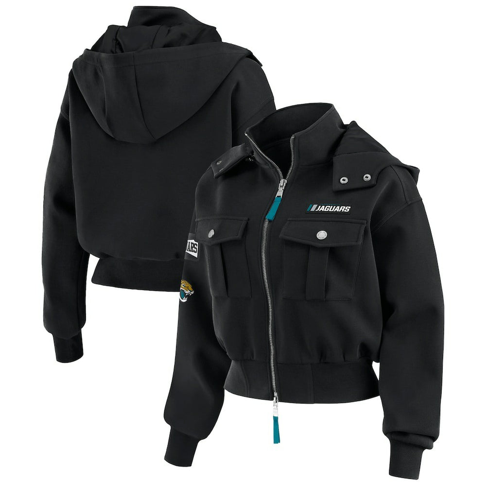 Jacksonville Jaguars WEAR by Erin Andrews Women's Tri-Blend Patch Pocket Cropped Full-Zip Bomber Hoodie Jacket - Black online