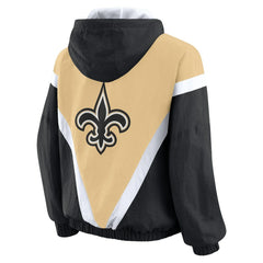 New Orleans Saints WEAR by Erin Andrews Women's Retro Crinkle Full-Zip Hoodie Windbreaker - Gold/Black on sale