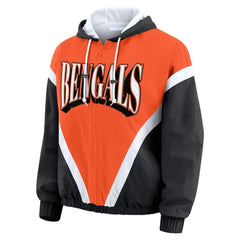 Cincinnati Bengals WEAR by Erin Andrews Women's Retro Crinkle Full-Zip Hoodie Windbreaker - Orange/Black online