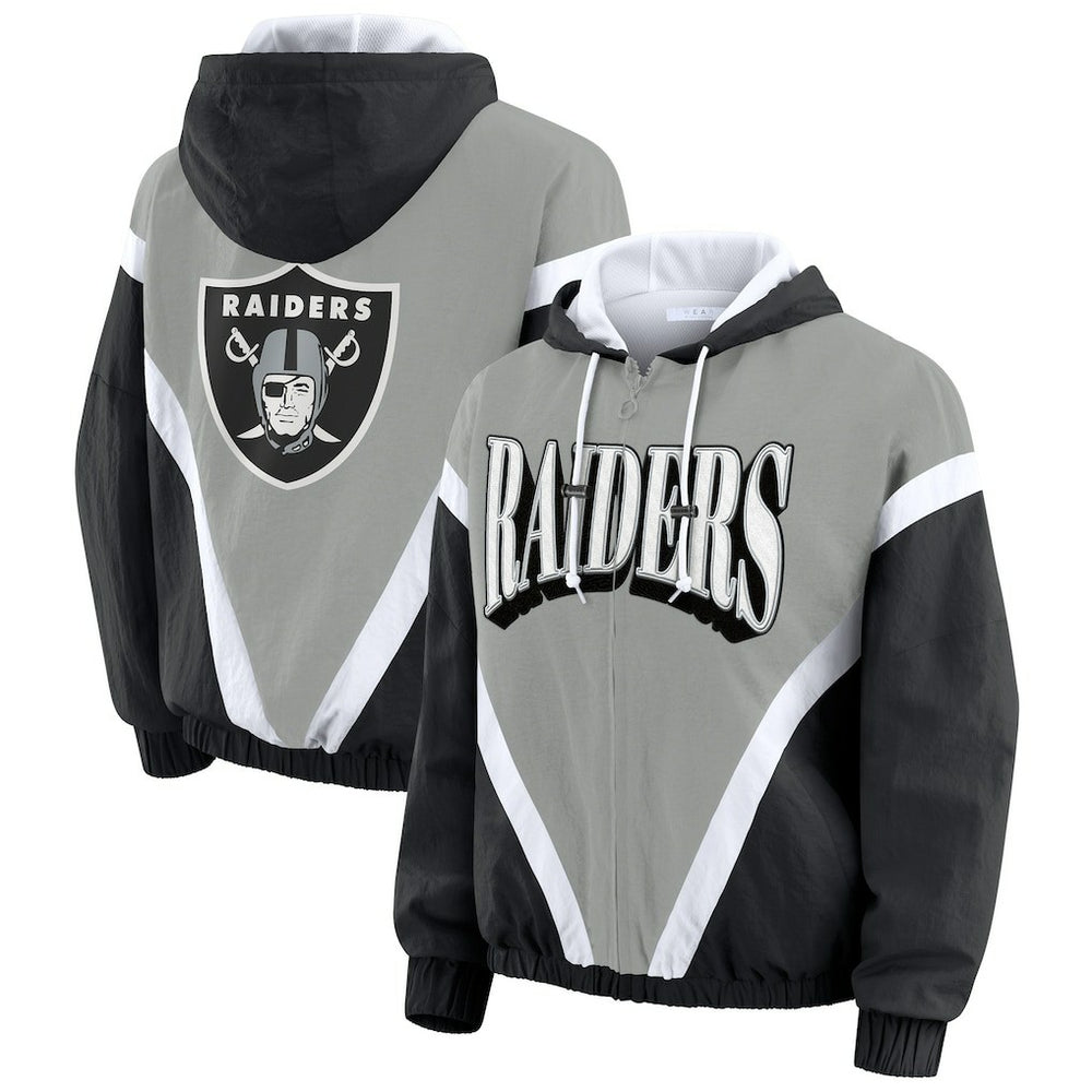 Las Vegas Raiders WEAR by Erin Andrews Women's Retro Crinkle Full-Zip Hoodie Windbreaker - Black/Silver on sale