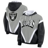 Las Vegas Raiders WEAR by Erin Andrews Women's Retro Crinkle Full-Zip Hoodie Windbreaker - Black/Silver on sale