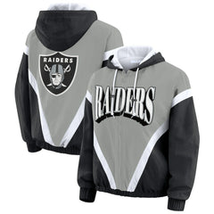 Las Vegas Raiders WEAR by Erin Andrews Women's Retro Crinkle Full-Zip Hoodie Windbreaker - Black/Silver on sale