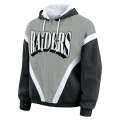 Las Vegas Raiders WEAR by Erin Andrews Women's Retro Crinkle Full-Zip Hoodie Windbreaker - Black/Silver on sale