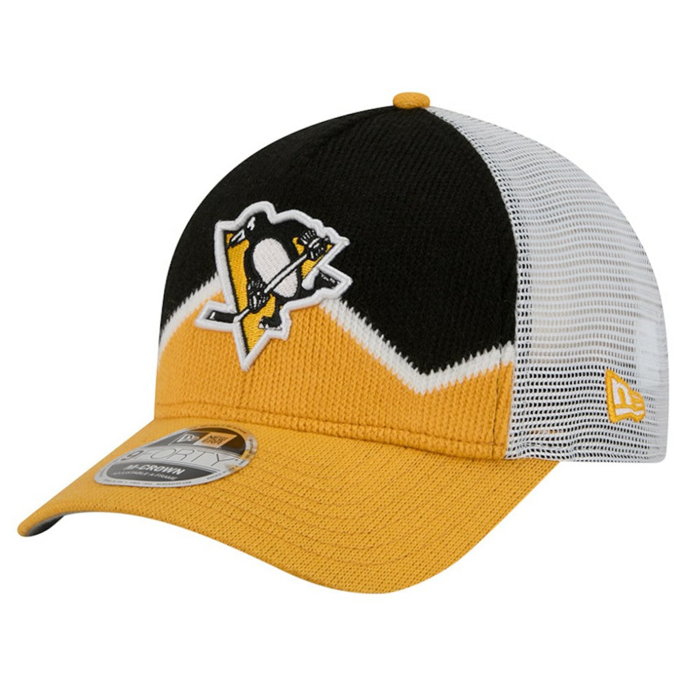Pittsburgh Penguins New Era Hockey Sock 9FORTY A-Frame M-Crown Adjustable Trucker Hat Gold/Black