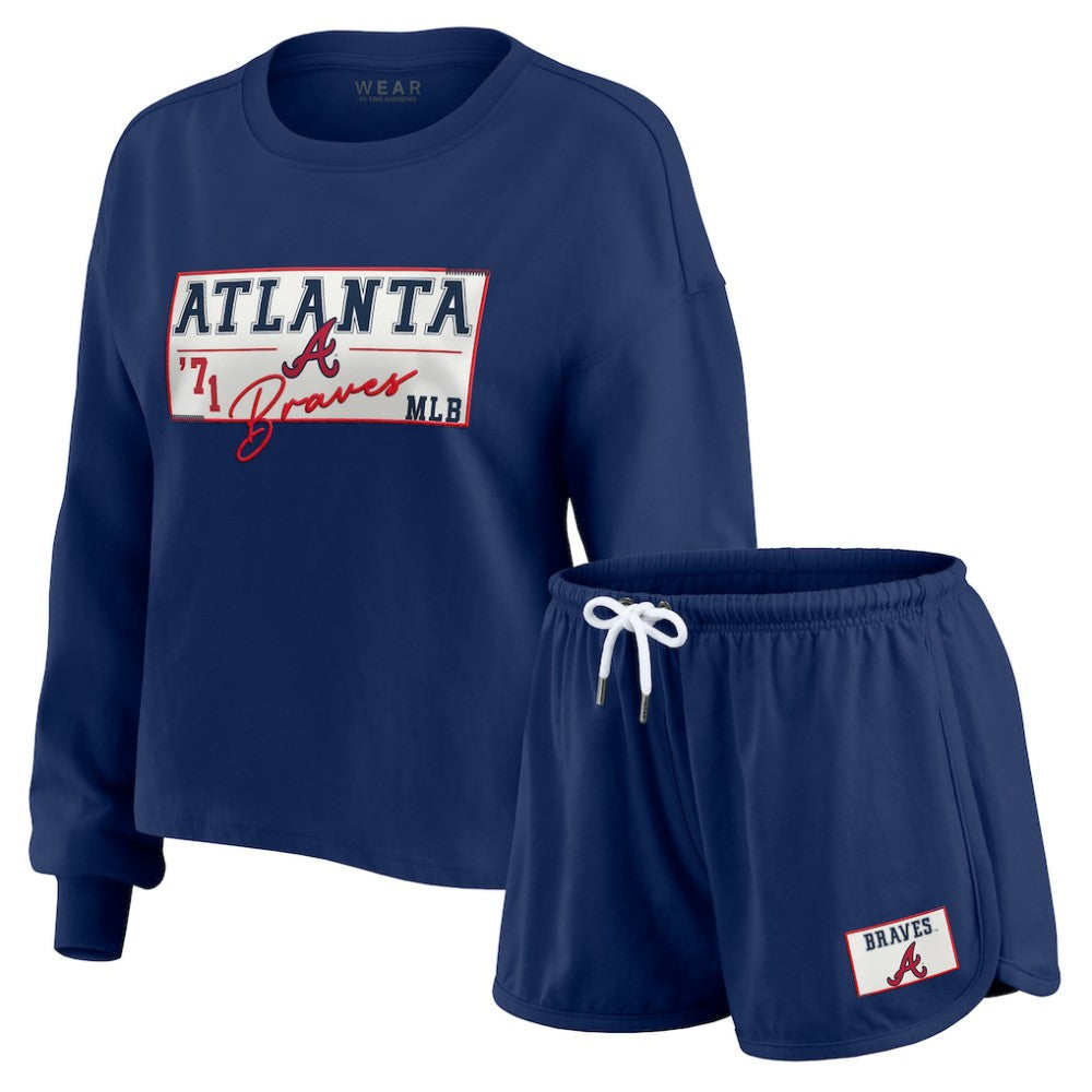 Atlanta Braves WEAR by Erin Andrews Women's Heavy Rugby Jersey Cropped Long Sleeve T-Shirt & Shorts Lounge Set - Navy
