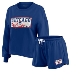 Chicago Cubs WEAR by Erin Andrews Women's Heavy Rugby Jersey Cropped Long Sleeve T-Shirt & Shorts Lounge Set - Royal
