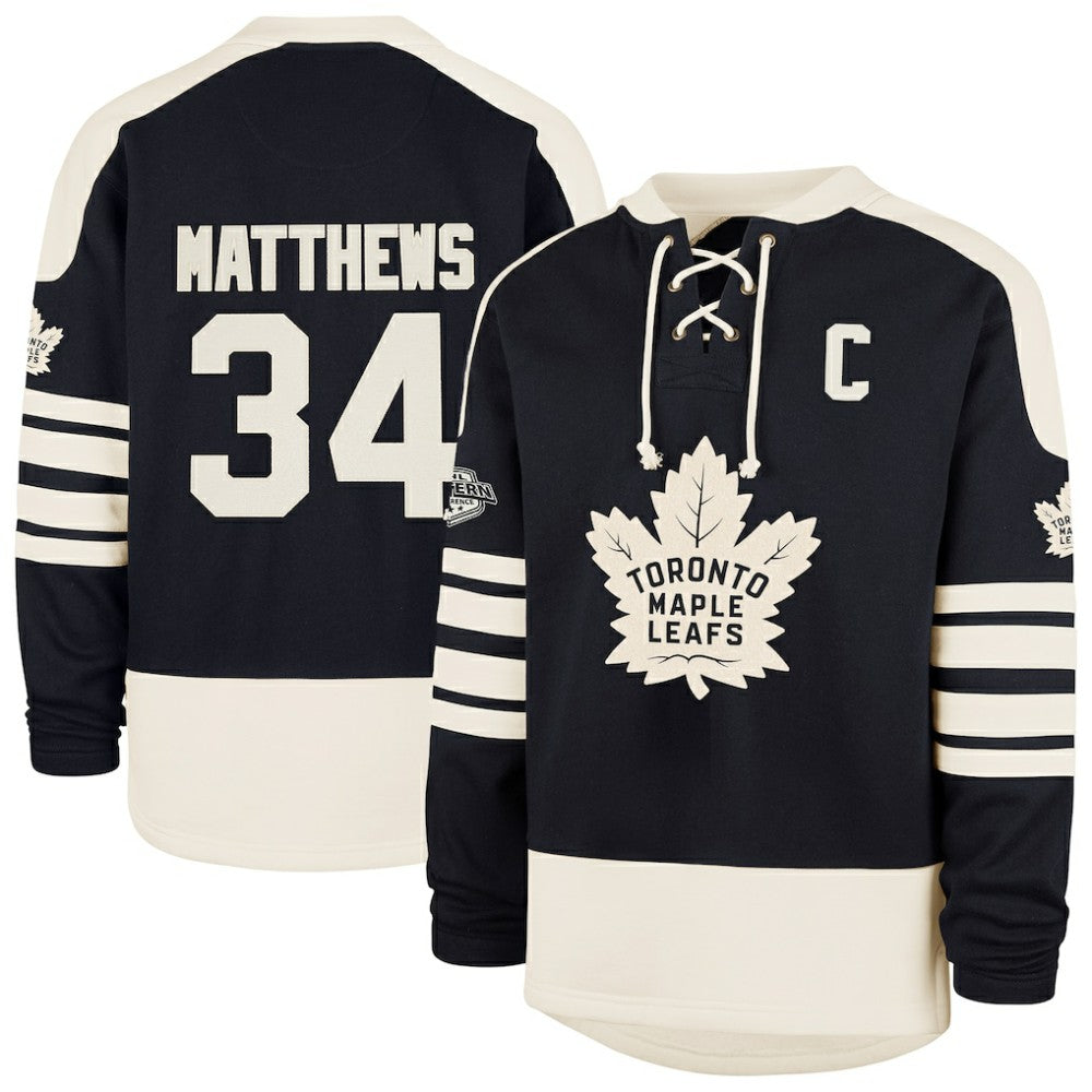Auston Matthews Toronto Maple Leafs '47 Player Name & Number Sweep Check Eternal Lacer Sweatshirt Navy