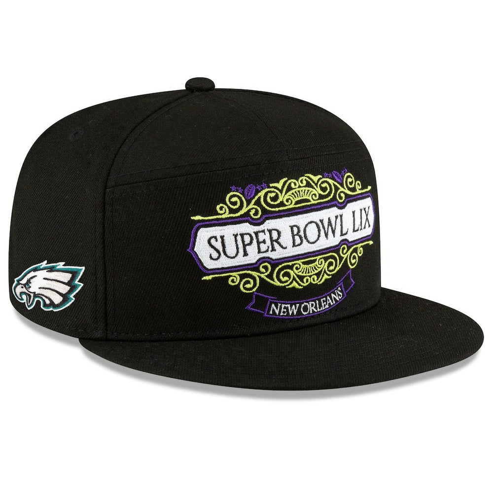 Philadelphia Eagles New Era Super Bowl LIX Tarmac Split Panel 9FIFTY Snapback Hat - Black on sale