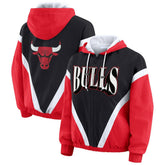 Chicago Bulls WEAR by Erin Andrews Women's Colorblock Full-Zip Hoodie Windbreaker Jacket - Black/Red on sale