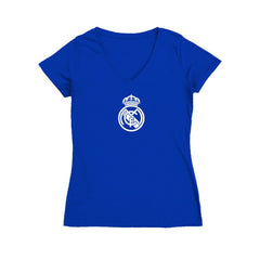 Real Madrid Vive La Fete Women's Color Badge V-Neck Fitted T-Shirt - Royal discount