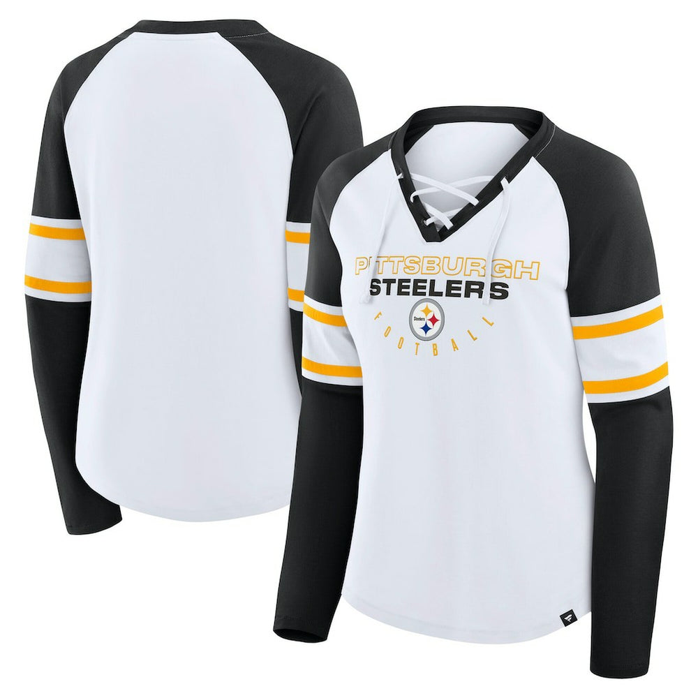 Pittsburgh Steelers Women's Plus Size Redzone Lace Up Long Sleeve T-Shirt - White outlet