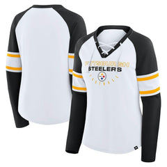 Pittsburgh Steelers Women's Plus Size Redzone Lace Up Long Sleeve T-Shirt - White outlet