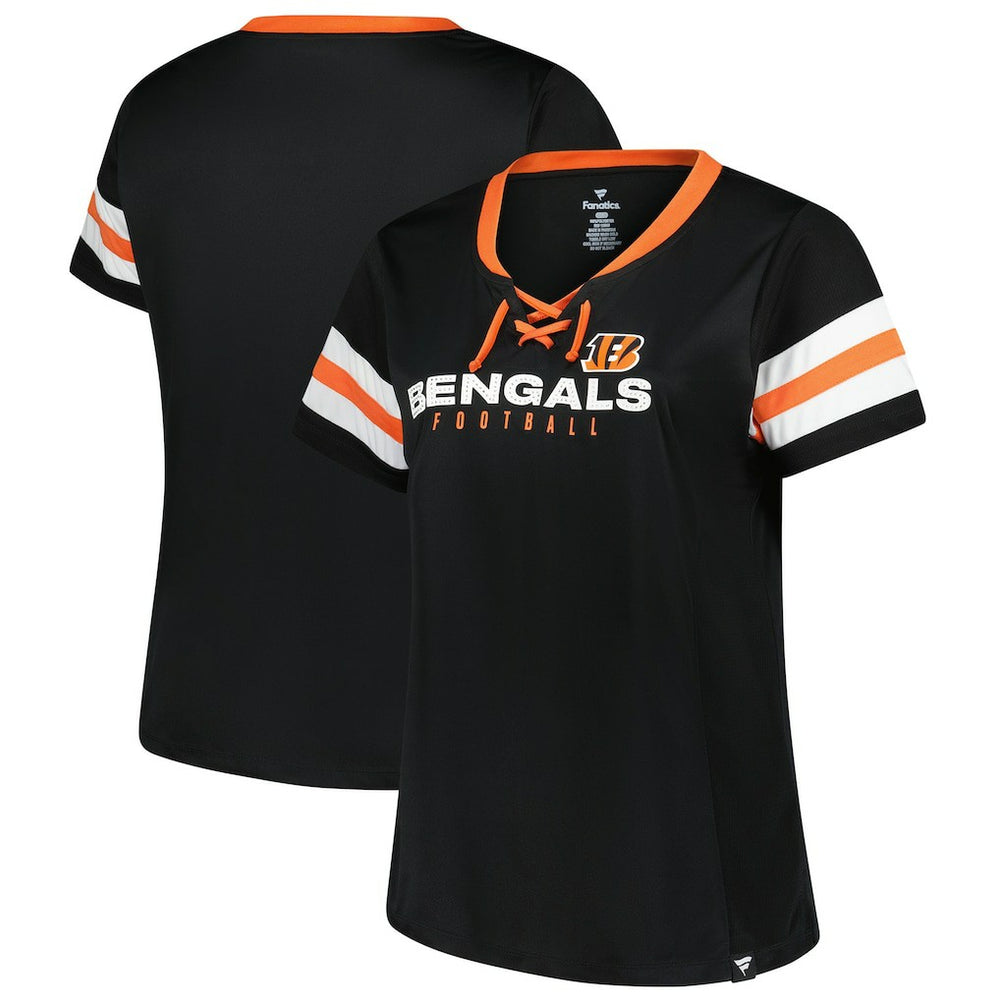 Cincinnati Bengals Women's Plus Size Red Zone Athena Lace-Up V-Notch Neck T-Shirt - Black outlet
