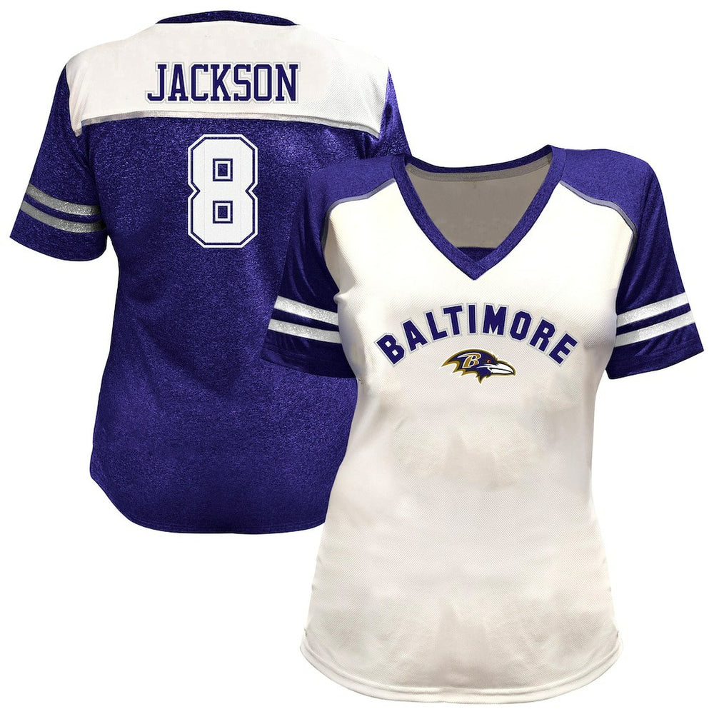 Lamar Jackson Baltimore Ravens Women's Plus Size Bling V-Neck T-Shirt - White for sale