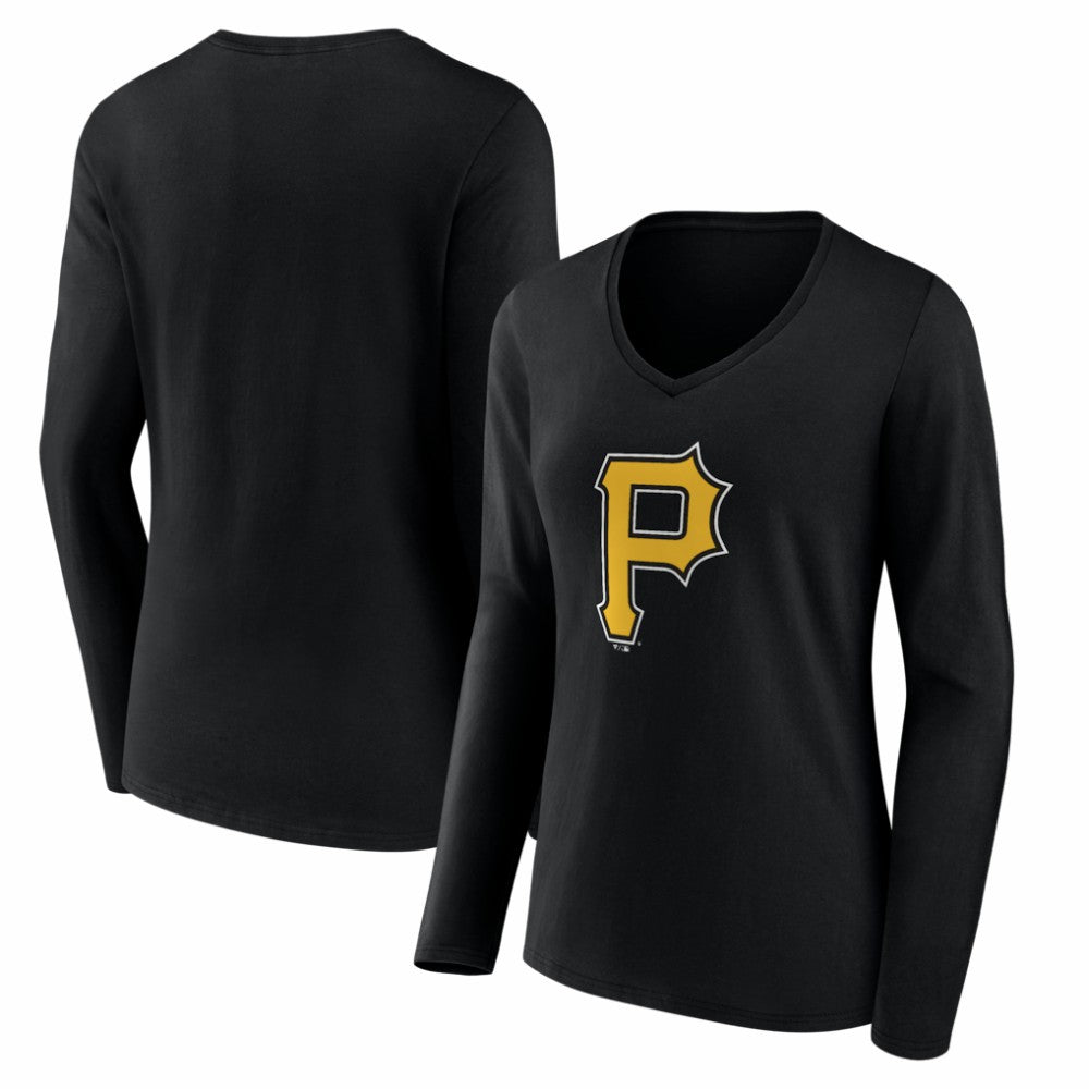 Pittsburgh Pirates Women's Logo Long Sleeve V-Neck T-Shirt - Black