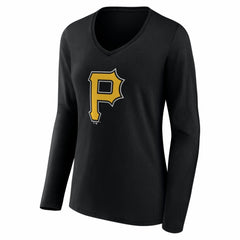 Pittsburgh Pirates Women's Logo Long Sleeve V-Neck T-Shirt - Black