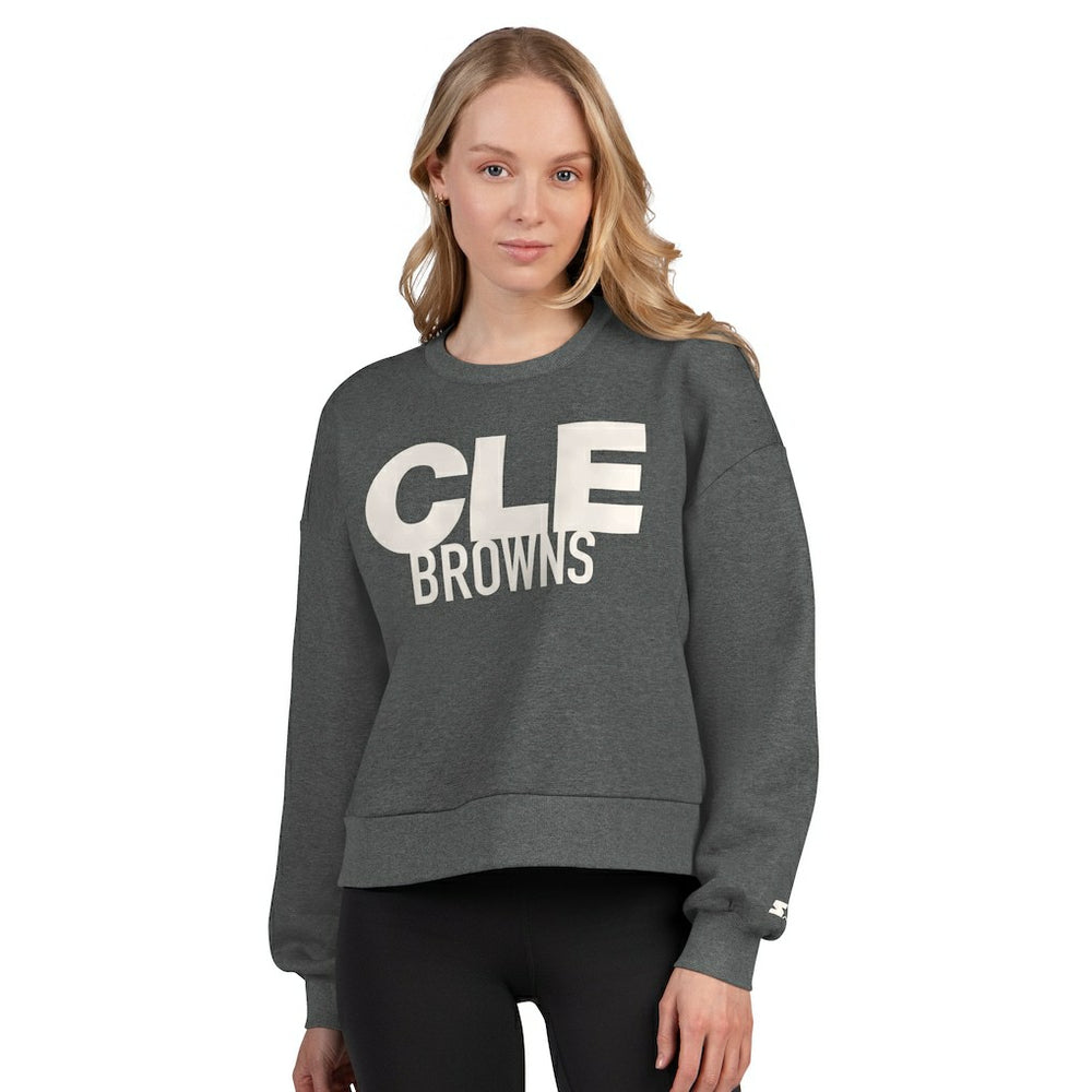 Cleveland Browns Starter Women's Show Up Cropped Fleece Pullover Sweatshirt - Heather Gray for sale