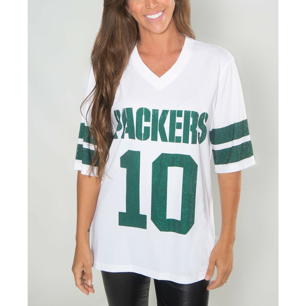 Jordan Love Green Bay Packers Cuce Women's Crystal V-Neck Tunic - White cheap
