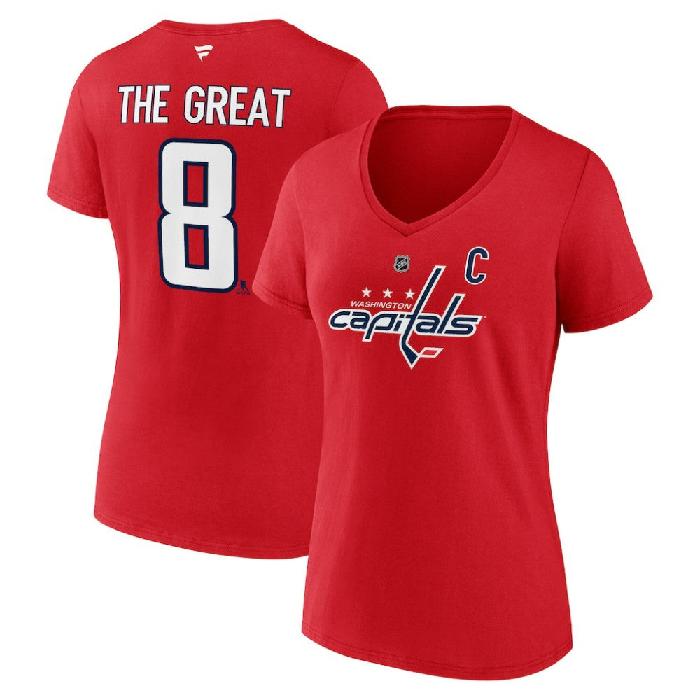 Alexander Ovechkin Washington Capitals Fanatics Women's NHL All-Time Leading Goal Scorer The Great 8 Name & Number V-Neck T-Shirt Red