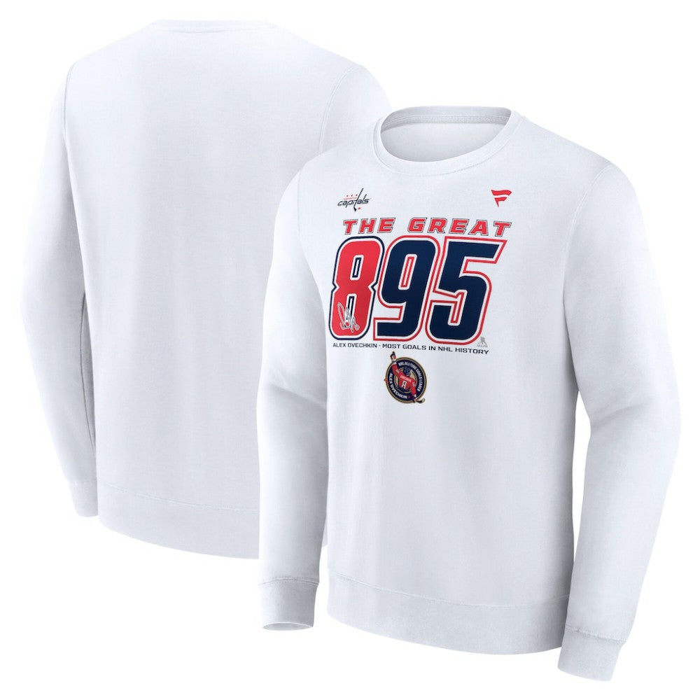 Alexander Ovechkin Washington Capitals Fanatics NHL All-Time Leading Goal Scorer The Great 895 Fleece Pullover Sweatshirt White
