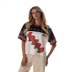 San Francisco 49ers The Wild Collective Women's Boxy Cropped Mesh T-Shirt - White for sale