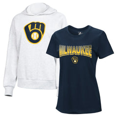 Milwaukee Brewers G-III 4Her by Carl Banks Women's T-Shirt and Hoodie Combo Pack - Navy/Bright Heather Ceramic