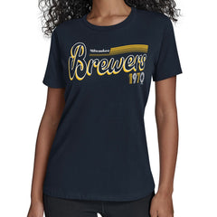 Milwaukee Brewers Starter Women's Groovy Script Team Fitted T-Shirt - Navy