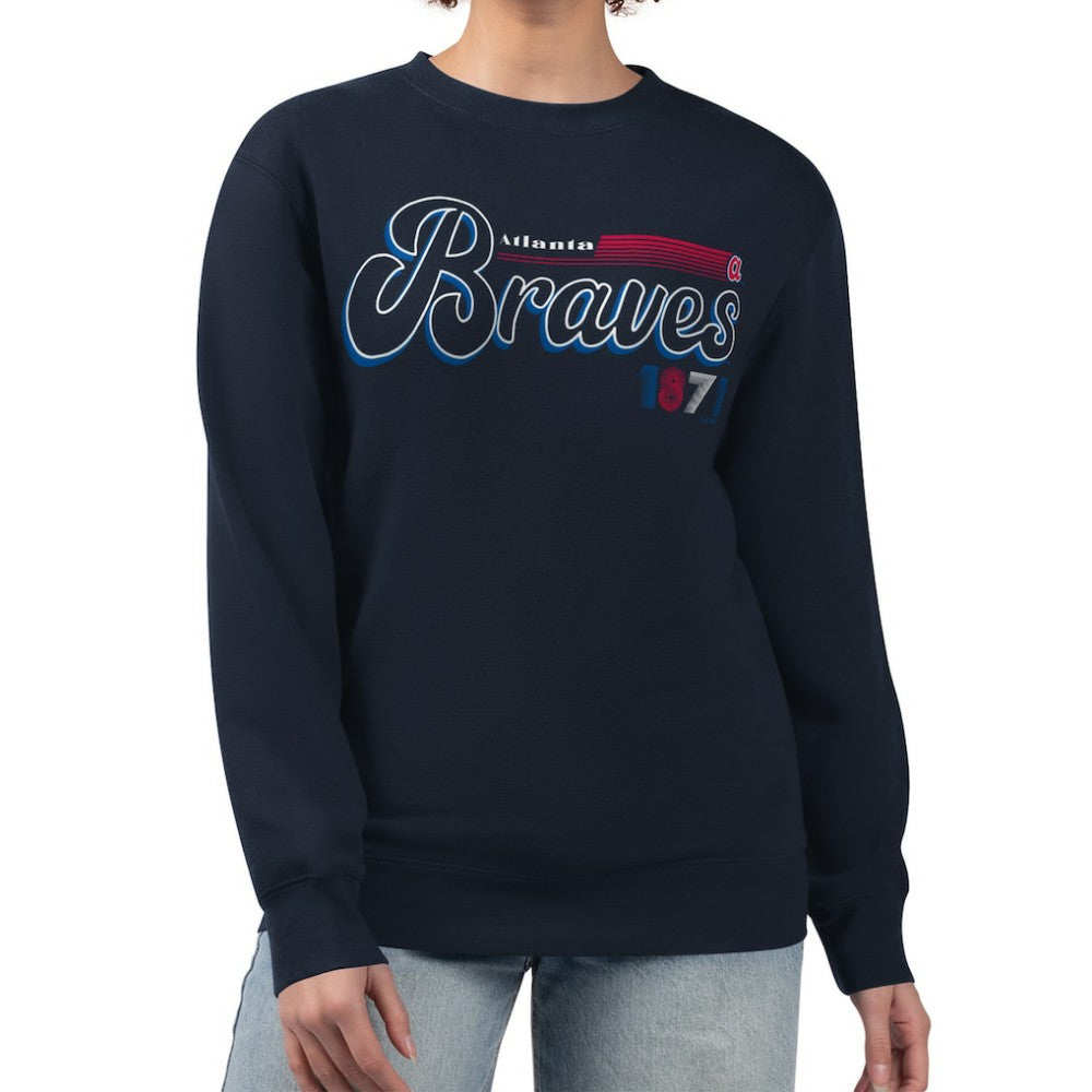 Atlanta Braves Starter Women's Groovy Script Team Fleece Pullover Sweatshirt - Navy