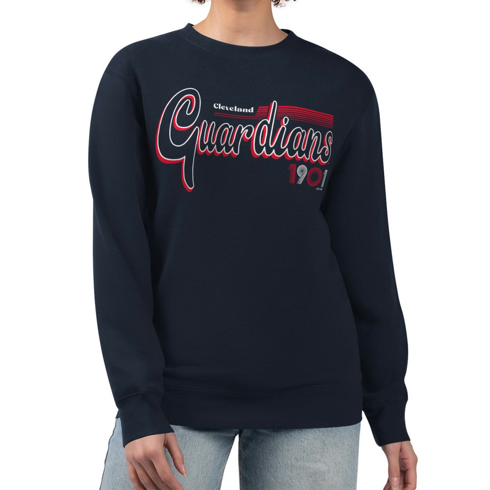 Cleveland Guardians Starter Women's Groovy Script Team Fleece Pullover Sweatshirt - Navy