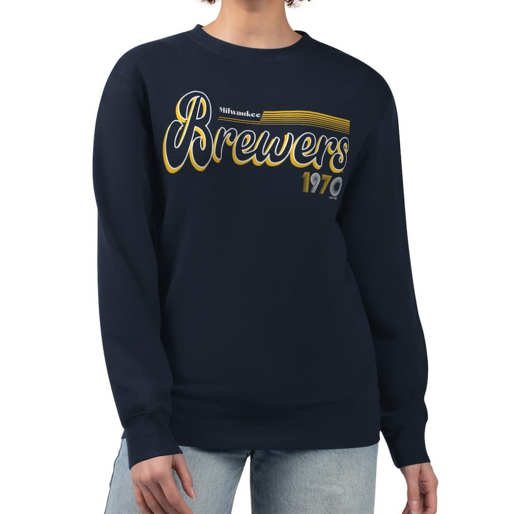 Milwaukee Brewers Starter Women's Groovy Script Team Fleece Pullover Sweatshirt - Navy