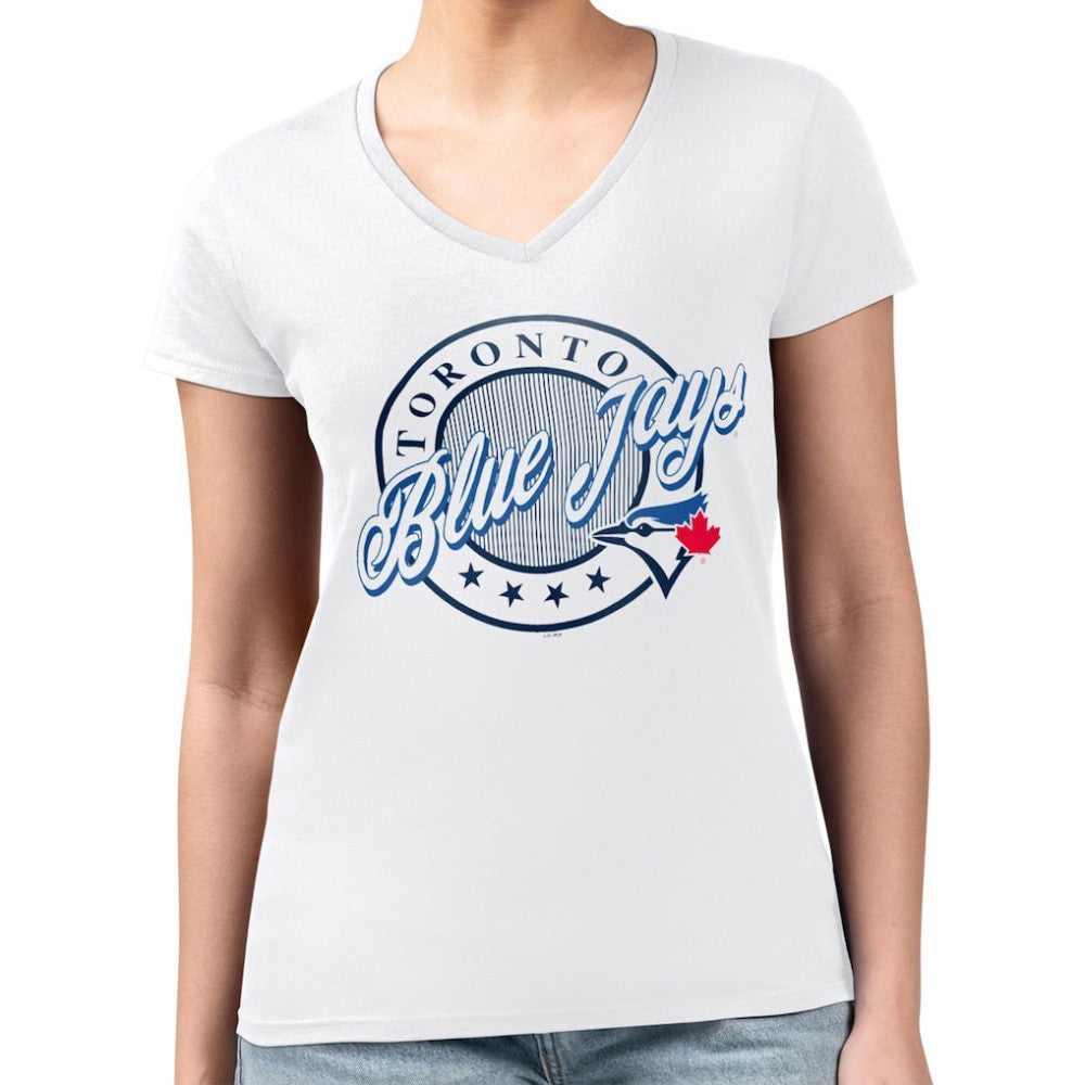 Toronto Blue Jays G-III 4Her by Carl Banks Women's Super-Slim Fit Lightweight Pinstripe Circle V-Neck T-Shirt - White