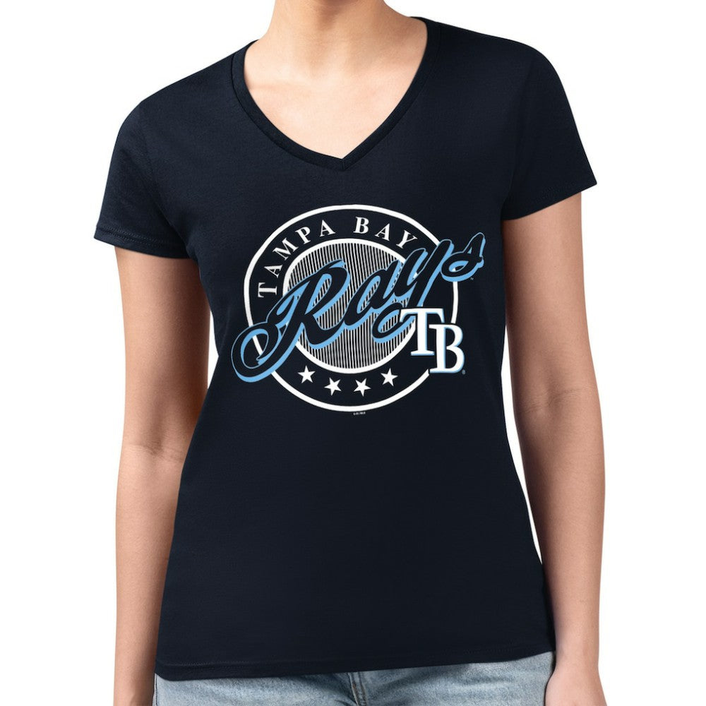 Tampa Bay Rays G-III 4Her by Carl Banks Women's Super-Slim Fit Lightweight Pinstripe Circle V-Neck T-Shirt - Navy