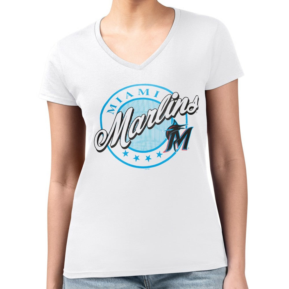 Miami Marlins G-III 4Her by Carl Banks Women's Super-Slim Fit Lightweight Pinstripe Circle V-Neck T-Shirt - White