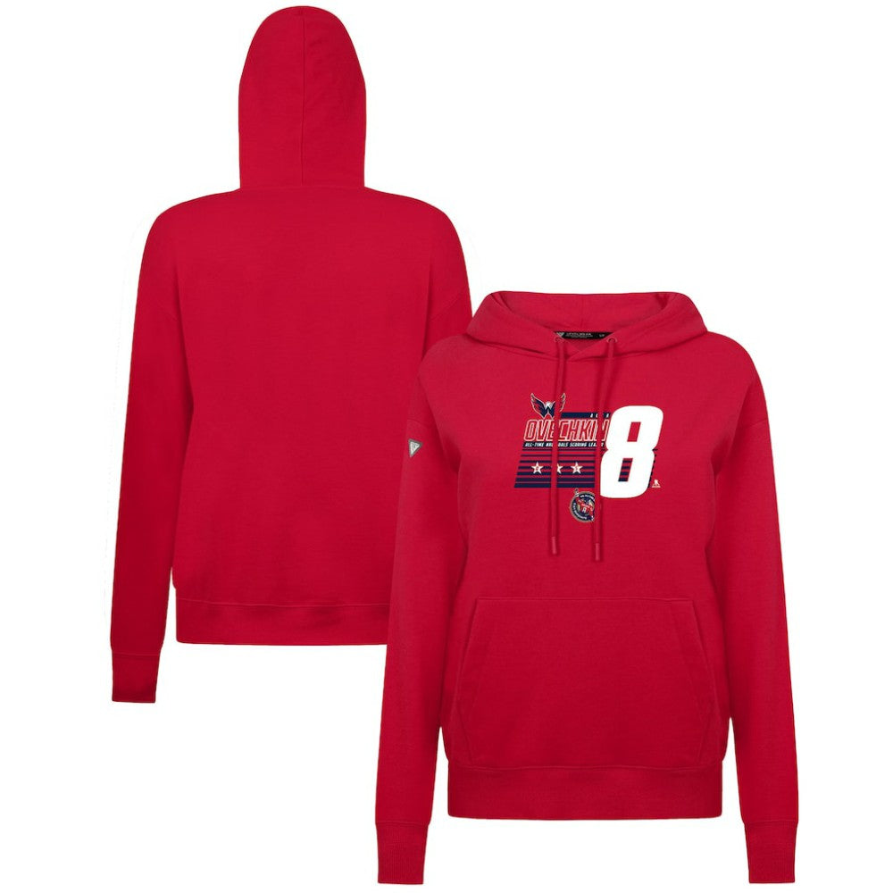 Alexander Ovechkin Washington Capitals Levelwear Women's NHL All-Time Leading Goal Scorer Milestone Stripes Name & Number Adorn Pullover Hoodie Red