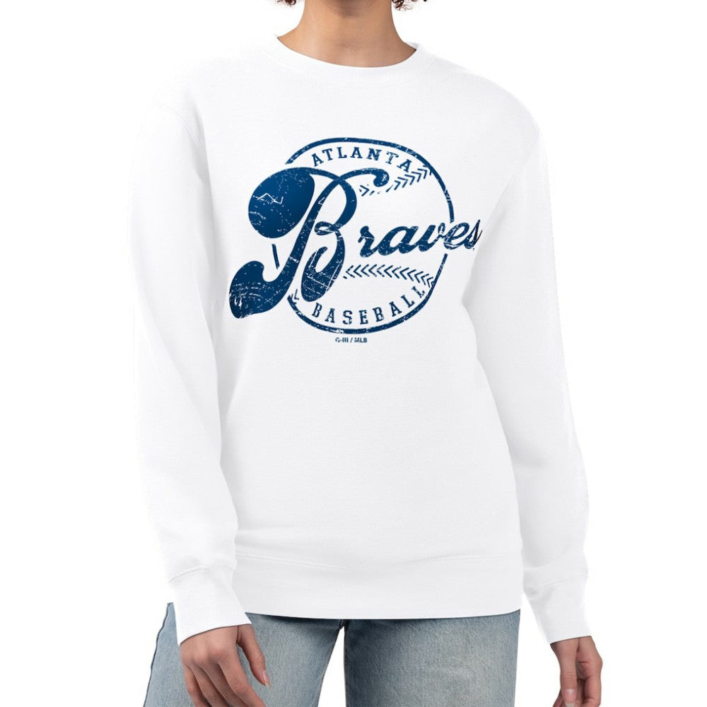 Atlanta Braves G-III 4Her by Carl Banks Women's Distressed Baseball Team Fleece Pullover Sweatshirt - White