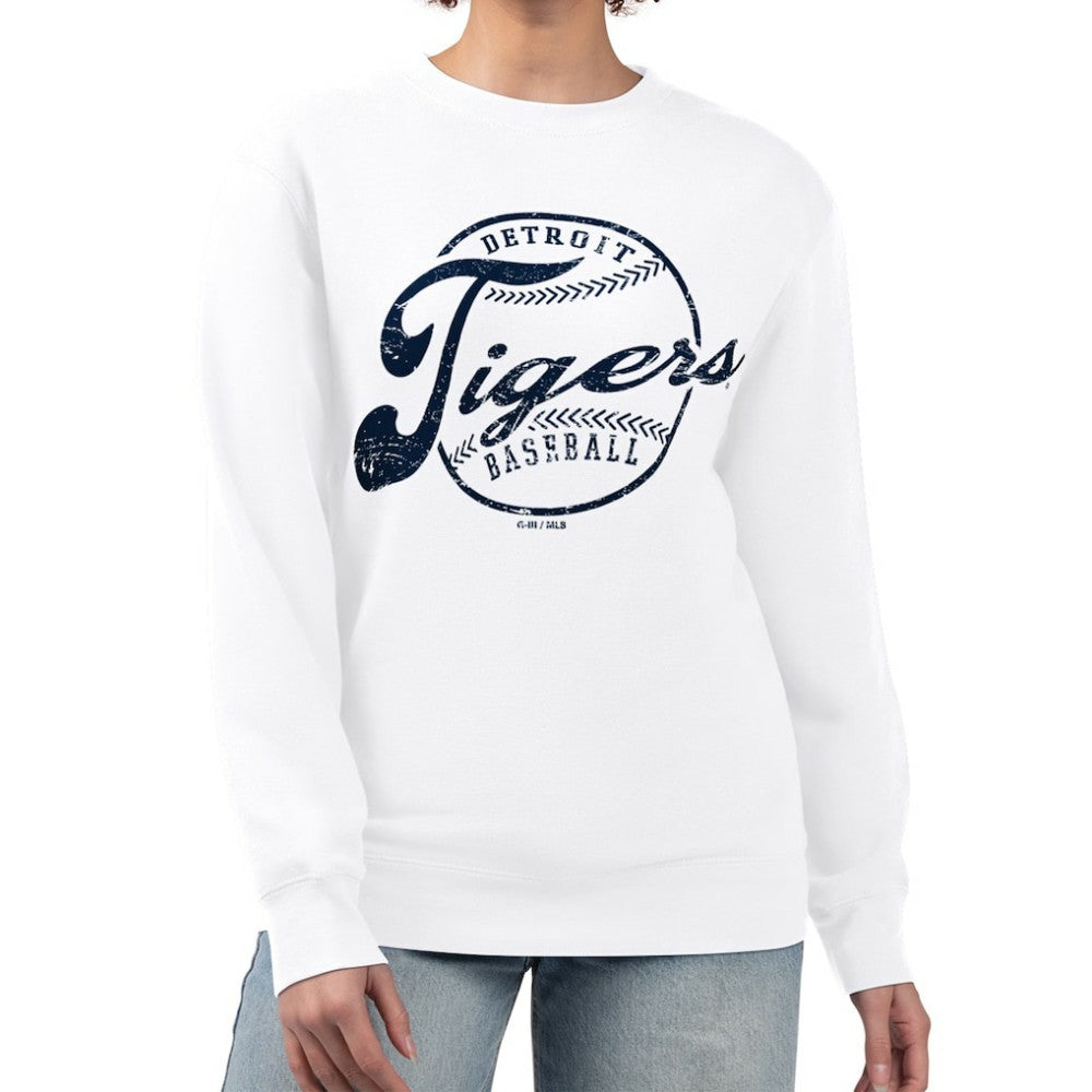 Detroit Tigers G-III 4Her by Carl Banks Women's Distressed Baseball Team Fleece Pullover Sweatshirt - White
