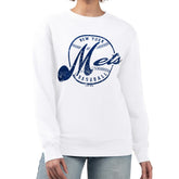 New York Mets G-III 4Her by Carl Banks Women's Distressed Baseball Team Fleece Pullover Sweatshirt - White