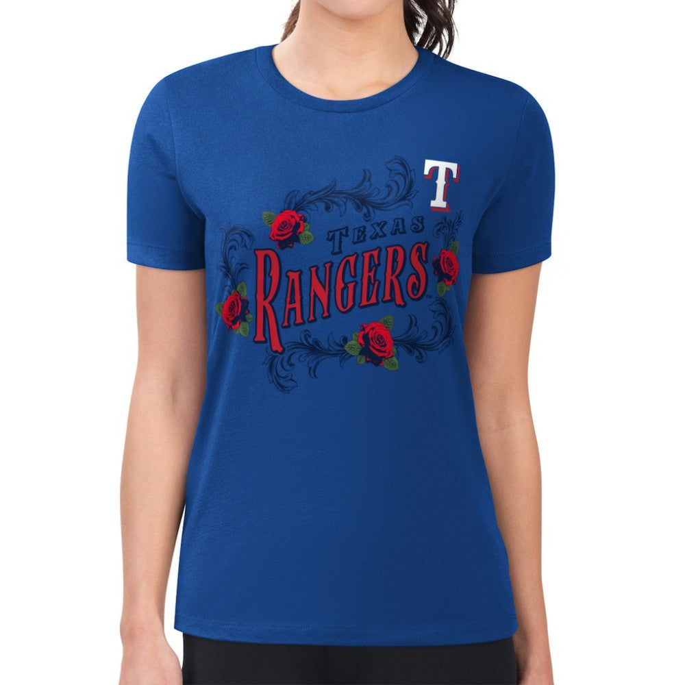 Texas Rangers G-III 4Her by Carl Banks Women's Super-Slim Fit Lightweight Retro Roses T-Shirt - Royal