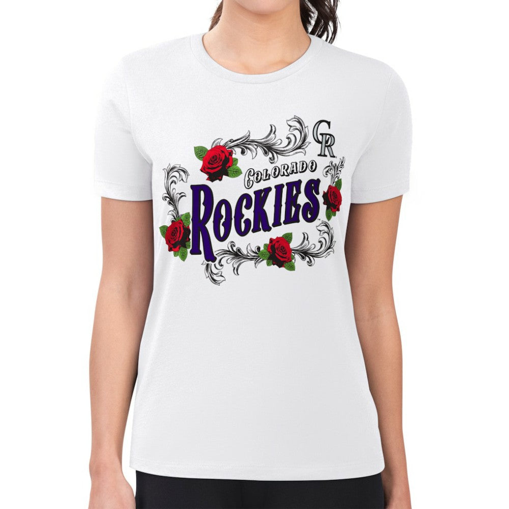 Colorado Rockies G-III 4Her by Carl Banks Women's Super-Slim Fit Lightweight Retro Roses T-Shirt - White