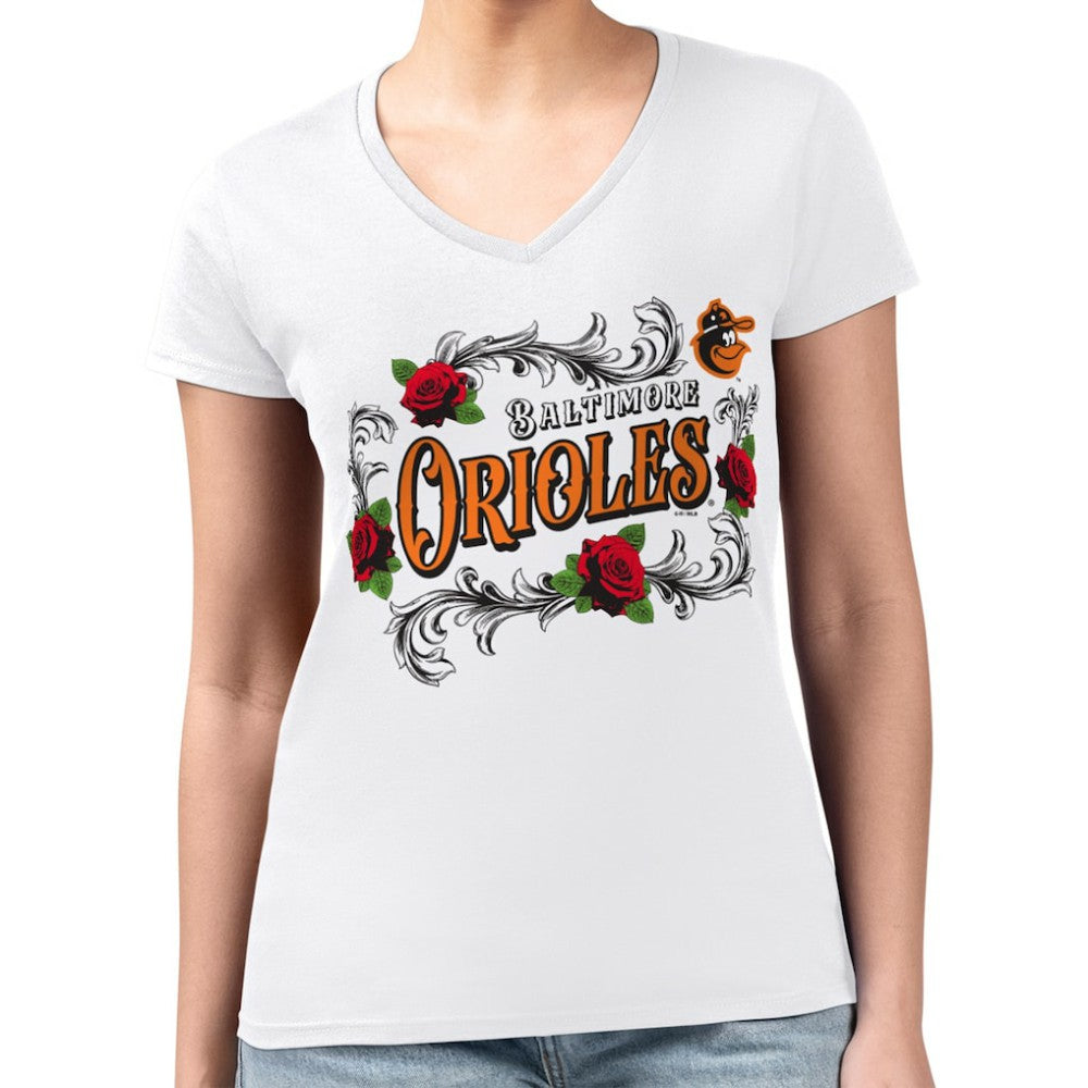 Baltimore Orioles G-III 4Her by Carl Banks Women's Super-Slim Fit Lightweight Retro Roses V-Neck T-Shirt - White