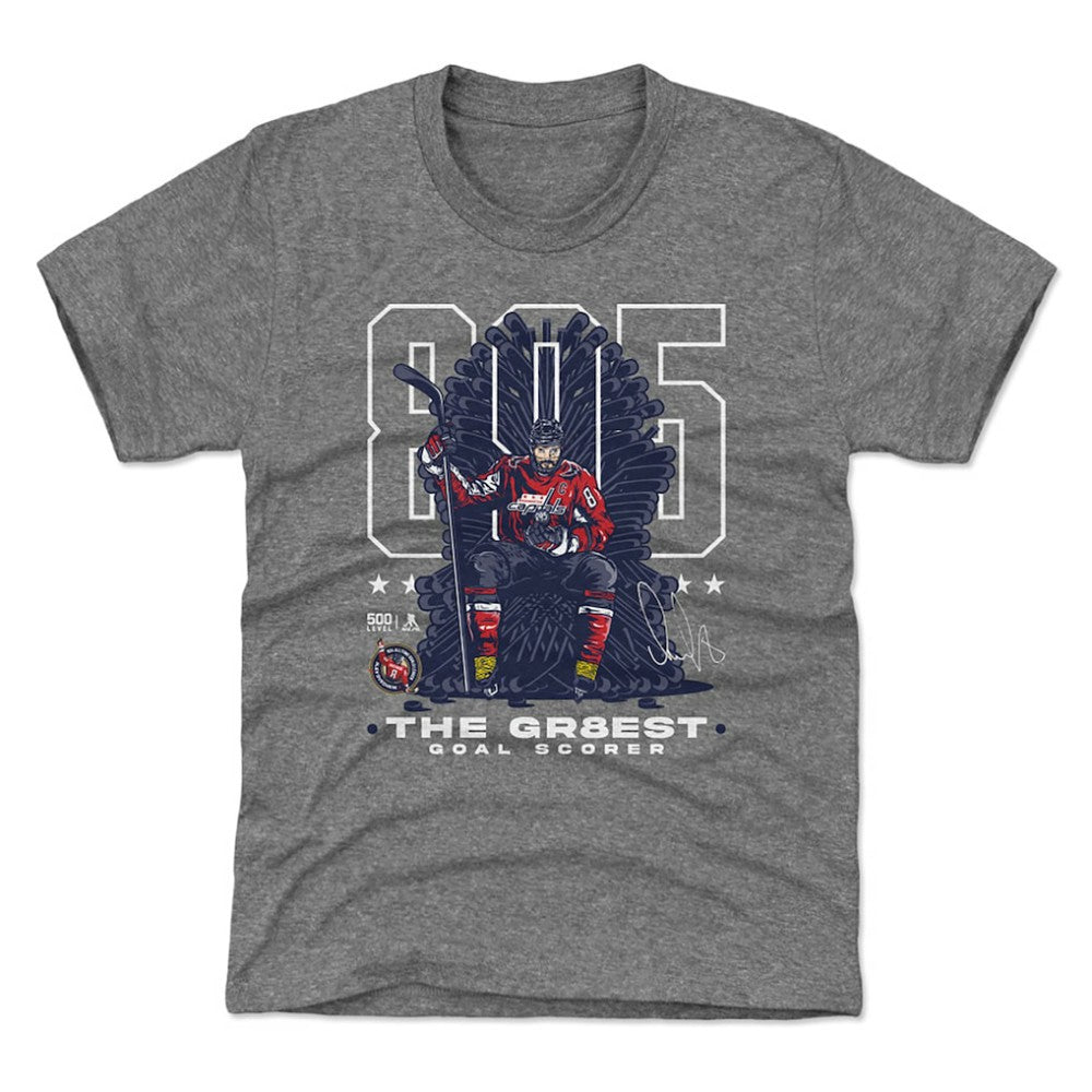 Alexander Ovechkin Washington Capitals 500 Level Youth NHL All-Time Leading Goal Scorer Throne T-Shirt Gray