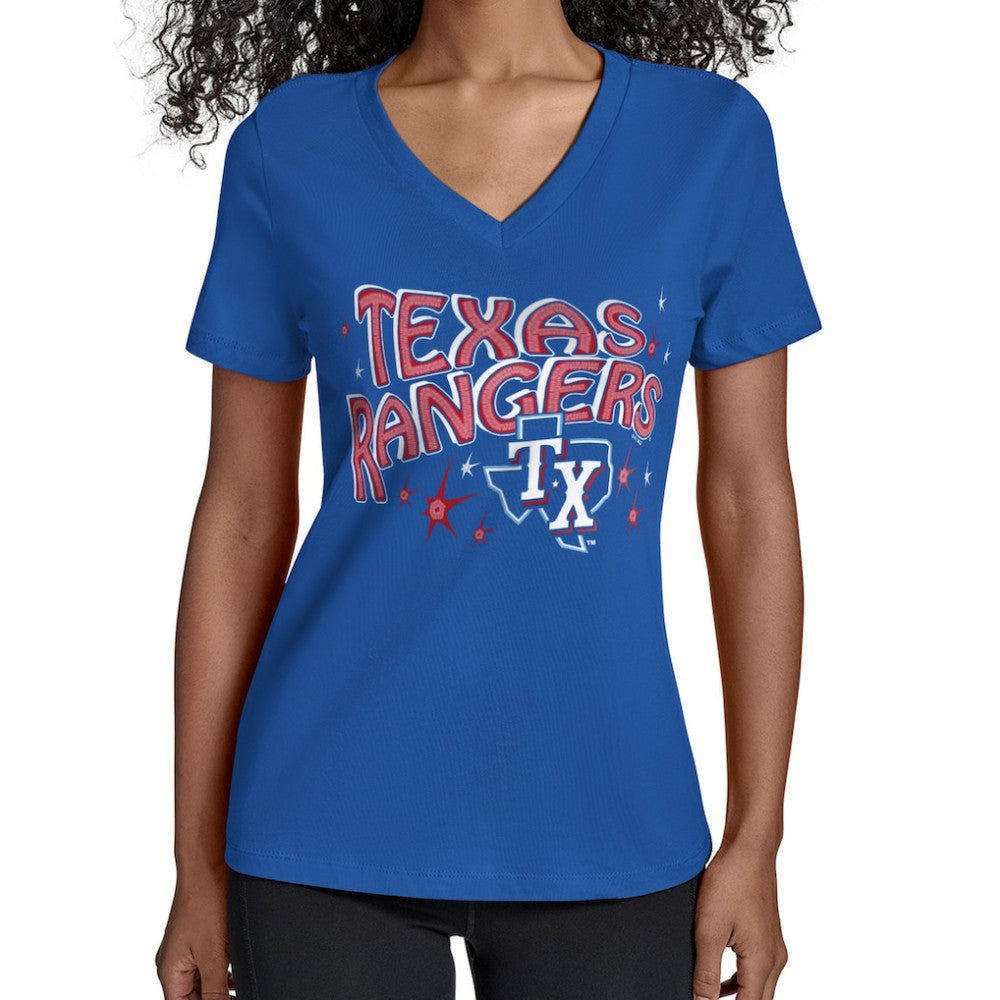 Texas Rangers Starter Women's Fireworks Team Name V-Neck T-Shirt - Royal