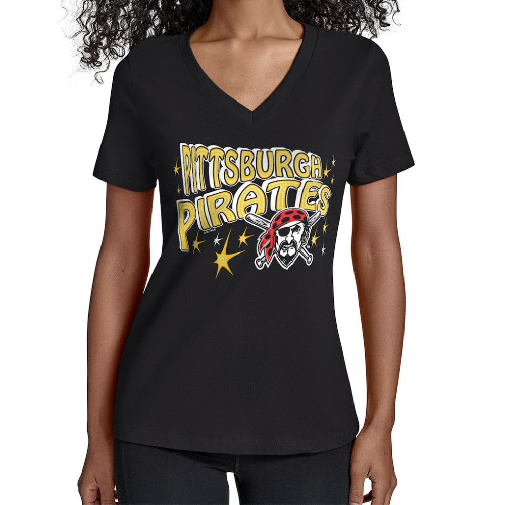 Pittsburgh Pirates Starter Women's Fireworks V-Neck T-Shirt - Black