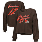 Shedeur Sanders Cleveland Browns Majestic Threads Women's Name & Number Off-Shoulder Script Cropped Long Sleeve Relaxed V-Neck T-Shirt - Brown on sale